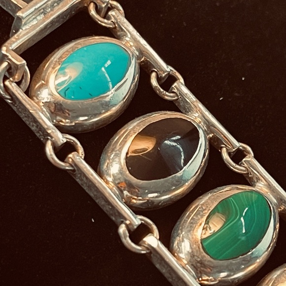 Beautiful 950 Fine Silver Mexico Multi Stone Inlay Link 7.5” Bracelet - Picture 10 of 10